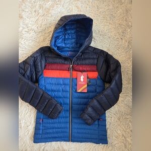 Cotopaxi Fuego Mens Down Puffer Full Zip Hooded Jacket Blue Striped Coat Sz XS